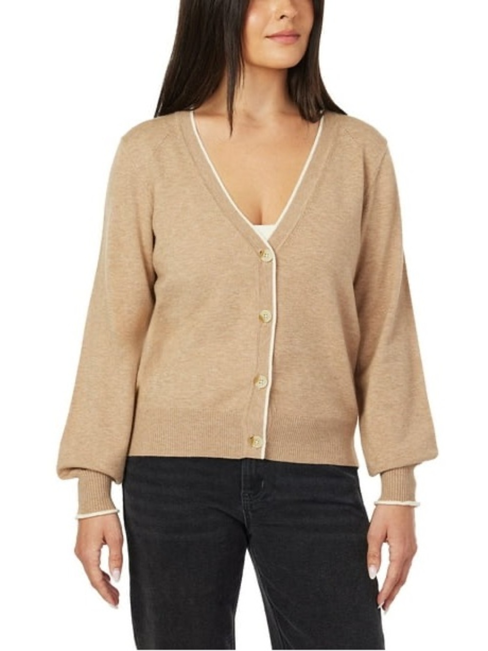 Scotch & Soda Beige V-Neck Button Cardigan with Cream Trim